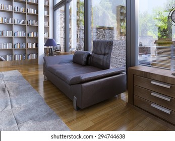 A Modern Lether Sofa And Lamp On Wooden Floor. Home Library Design In A Modern House With Panoramic Windows. 3D Render