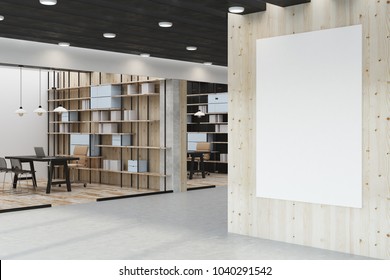 Modern Library Interior With Empty Poster On Wall And Workplace. Mock Up, 3D Rendering 