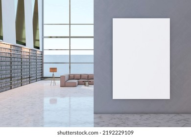 Modern Library Interior With Empty White Mock Up Banner On Concrete Wall, Tall Bookshelves, Panoramic Windows, Lounge Area And Shiny Tile Flooring. 3D Rendering