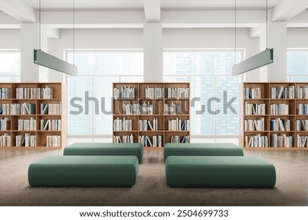 Modern library interior featuring green benches and wooden bookshelves against large windows with a cityscape view. 3D Rendering
