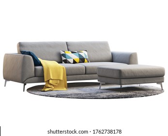 Modern Light Gray Fabric Sofa With Decor. Modern Furniture Set On White Background. Mid-century, Modern, Loft, Chalet, Scandinavian Interior. 3d Render