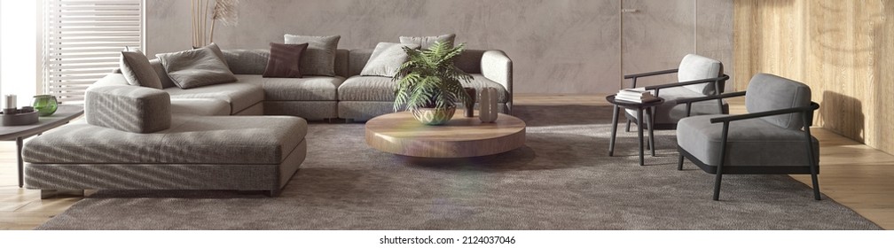 Modern Lighting Beige Interior Scandinavian Design. Banner Website. 3d Render Illustration Boho Living Room With Sun Light And Sofa. Front View.