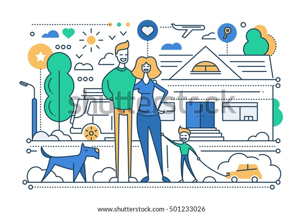 Modern line flat design city composition with a\
happy family