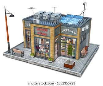 Modern Liquor Store Building On A Piece Of Ground, 3d Illustration