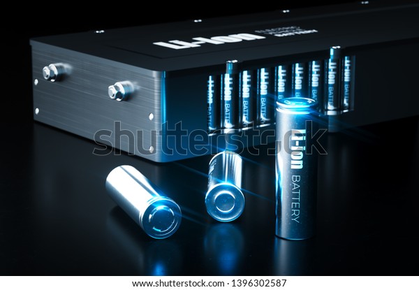 Modern lithium ion battery technology\
concept. Metal Li-Ion battery cells with electric vehicle battery\
pack on black background. 3d\
illustration.