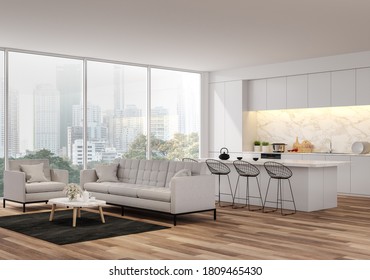 Modern Living, Dining Room And Kitchen With City View 3d Render.The Rooms Have Wooden Floors ,decorate With White Furniture,There Are Large Window Overlooking City View.