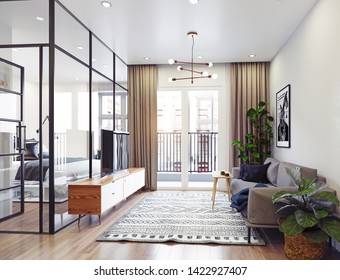 Modern  Living Interior Design. 3d Rendering Concept