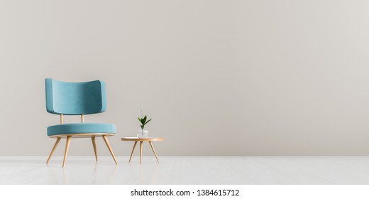 Modern Living Room With Armchair And Wooden Small Coffee Table. Scandinavian Style Furniture Design. 3D Illustration.