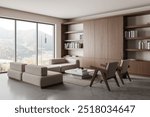 A modern living room with beige furniture and large windows overlooking a scenic view. Wooden shelves and cabinets add warmth to the minimalist design. 3D rendering