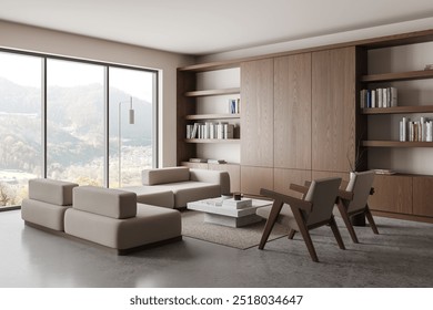 A modern living room with beige furniture and large windows overlooking a scenic view. Wooden shelves and cabinets add warmth to the minimalist design. 3D rendering - Powered by Shutterstock