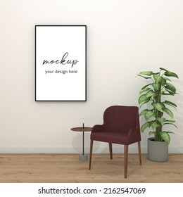 Modern Living Room With A Black Frame Portrait, Red Wine Color Chair, Wood Side Table And Plant Vase. 3D Illustration. 3D Rendering Mockup.