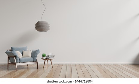 Modern Living Room With Blue Armchair And Wood Shelves On Wood Flooring And White Wall ,3d Rendering