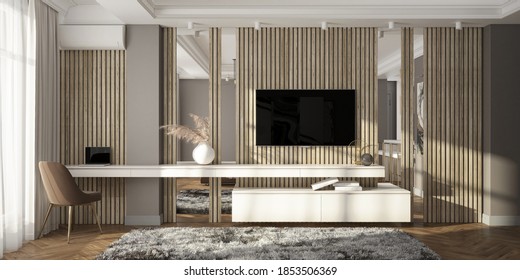 Modern living room contemporary interior design with tv unit. 3d render