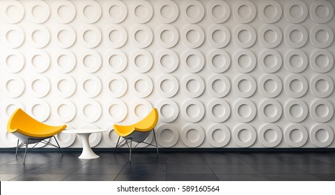 Modern Living Room - Couple Yellow Chair With White Circle Pattern Wall / 3d Render Image