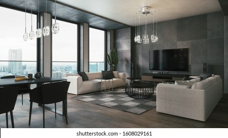 Modern Living Room. Dark Modern Style Living Room