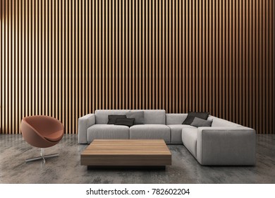 Modern Living Room Decorate Wall With Vertical Wood Pattern. 3D Rendering