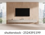 A modern living room features a wall-mounted TV on wooden paneling, with a sleek, floating console beneath. Large windows offer a city view and natural light. 3D Rendering