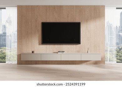 A modern living room features a wall-mounted TV on wooden paneling, with a sleek, floating console beneath. Large windows offer a city view and natural light. 3D Rendering