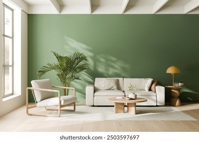 Modern living room featuring a green accent wall, a comfortable beige sofa with cushions, a wooden coffee table, and an elegant wooden armchair beside a large indoor plant. 3d render. - Powered by Shutterstock