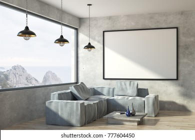 Modern Living Room With Furniture, Empty Poster On Wall And Panoramic Landscape View. 3D Rendering 