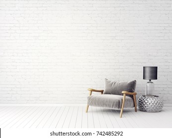 modern living room  with grey armchair and lamp. scandinavian interior design furniture. 3d render illustration