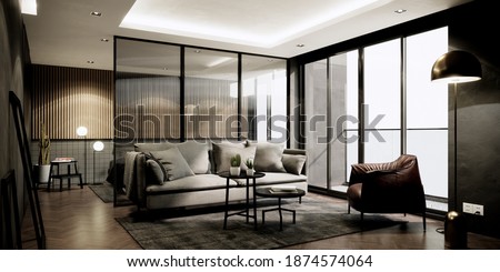 Modern living room interior apartment decoration with fabric confortable grey sofa, grey carpet, 3d renderin living room. Foto stock © 