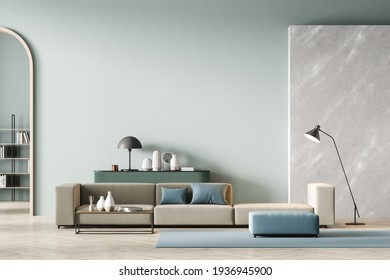 Modern living room interior with arch, marble decoration and mint color on wall. Beige sofa with light blue cushions, coffee table, light green chest of drawers and lamp. Parquet floor. 3D rendering