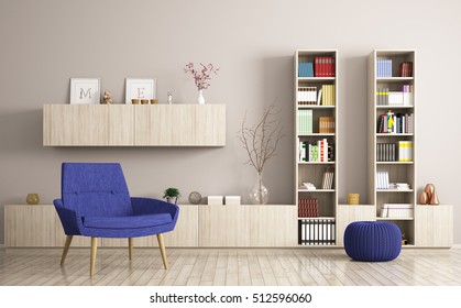 Modern living room interior with armchair and wooden bookshelves 3d rendering