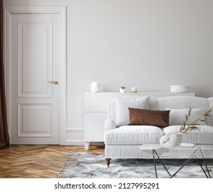 Modern living room interior background, wall mockup, 3d render