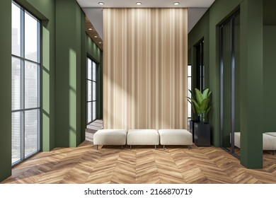 Modern Living Room Interior With Beige Sofa Pouf, Plant On Hardwood Floor, Panoramic Window On Singapore City View. Modern Chill Zone In Studio Apartment. Copy Space Wall. 3D Rendering