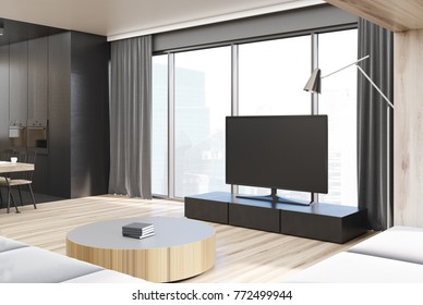 Modern Living Room Interior With Black And Wooden Walls, A Panoramic Window, A Large TV Set And A Sofa Near A Round Coffee Table. 3d Rendering Mock Up