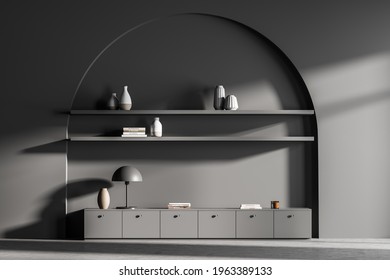 Modern Living Room Interior With Bookshelf Niche Arch, Commode, Lamp. Home Concept. No People. 3d Rendering.