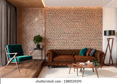 Modern living room interior with brick wall blank wall, leather brown sofa, green lounge chair, table, wooden wall and floor, plants, carpet, hidden lighting. 3d render illustration mockup.