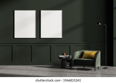 Modern Living Room Interior With Concrete Floor, Furniture, Table And Armchair. Home Architecture Concept. Two Posters Canvas On Green Wall. Mock Up. No People. 3d Rendering