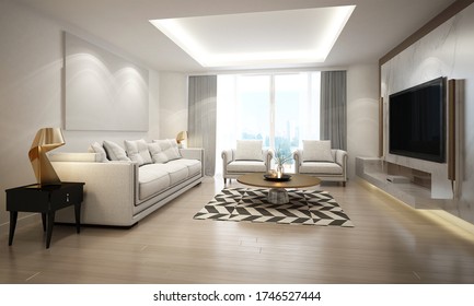 Modern living room interior design / 3D rendering scene - Shutterstock ID 1746527444
