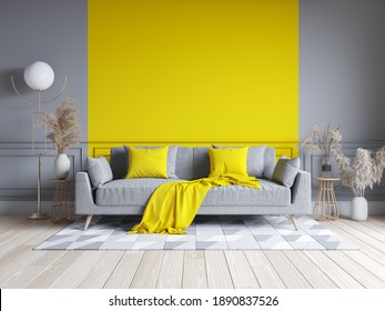 Modern Living Room Interior Design.  Yellow And Gray Paint Wall With Gray Sofa . Color Of The Year 2021. 3d Render