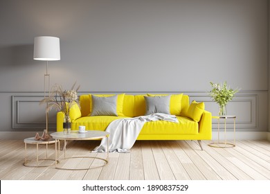 Modern living room interior design. yellow sofa on gray wall. Color of the year 2021. 3d render