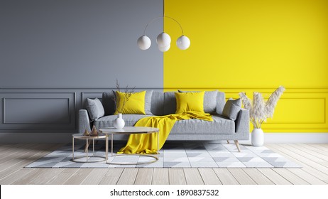 Modern living room interior design.  yellow and gray paint wall with gray sofa . Color of the year 2021. 3d render