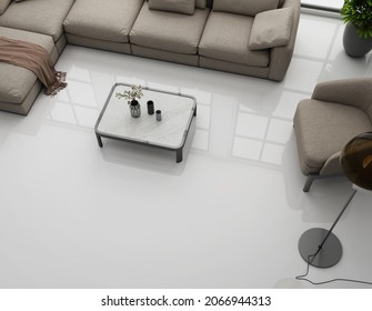 Modern living room interior design with Sofa and chair furniture,
other decoration, white floor and top view. 3d Render, 3d illustration