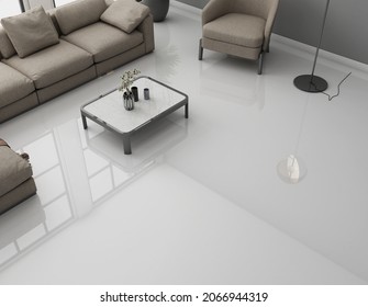 Modern living room interior design with Sofa and chair furniture,
other decoration, white floor and floor view.  3d Render, 3d illustration