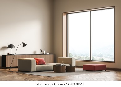 Modern Living Room Interior With Empty Wall, Beige And Red Couch And Wooden Table. Mock Up Concept. 3d Rendering