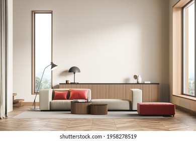 Modern Living Room Interior with empty wall, beige and red couch and wooden table. Mock up concept. 3d rendering