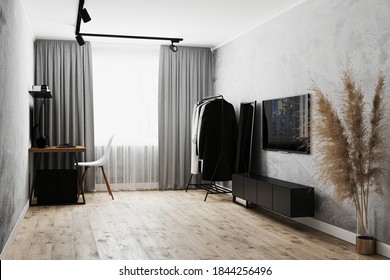 Modern living room interior  with gray walls, clothes rack and floor mirror, TV, wooden table with PC, gray curtains on window, 3d rendering