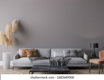 Modern Living Room Interior, Gray Sofa On Dark Empty Wall Mockup, 3d Render, 3d Illustration