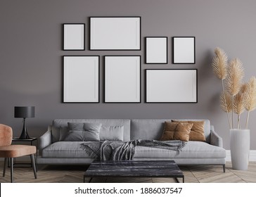 Modern Living Room Interior, Gray Sofa On Dark Wall, Gallery Wall Mockup, 3d Render, 3d Illustration
