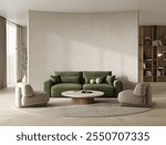 Modern living room interior with lots of space, partition in the living room with green sofa, armchairs, coffee table with decor on a round carpet, and a shelf on the background. 3d rendering. 3D illu