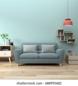 Modern Living Room Interior With Sofa Lamp And Green Plants On Blue Wall Background,minimal Designs, 3d Rendering.
