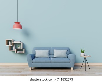 Modern living room interior with sofa   and green plants,lamp,table on blue wall background. 3d rendering.