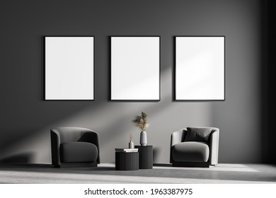 Modern Living Room Interior With Two Armchairs And Small Table. Three Mock Up Framed Posters On Grey Wall. Reading And Relax Concept. No People. 3d Rendering.