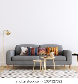 Modern Living Room Interior Wall Mockup - 3d Illustration, 3d Rendering